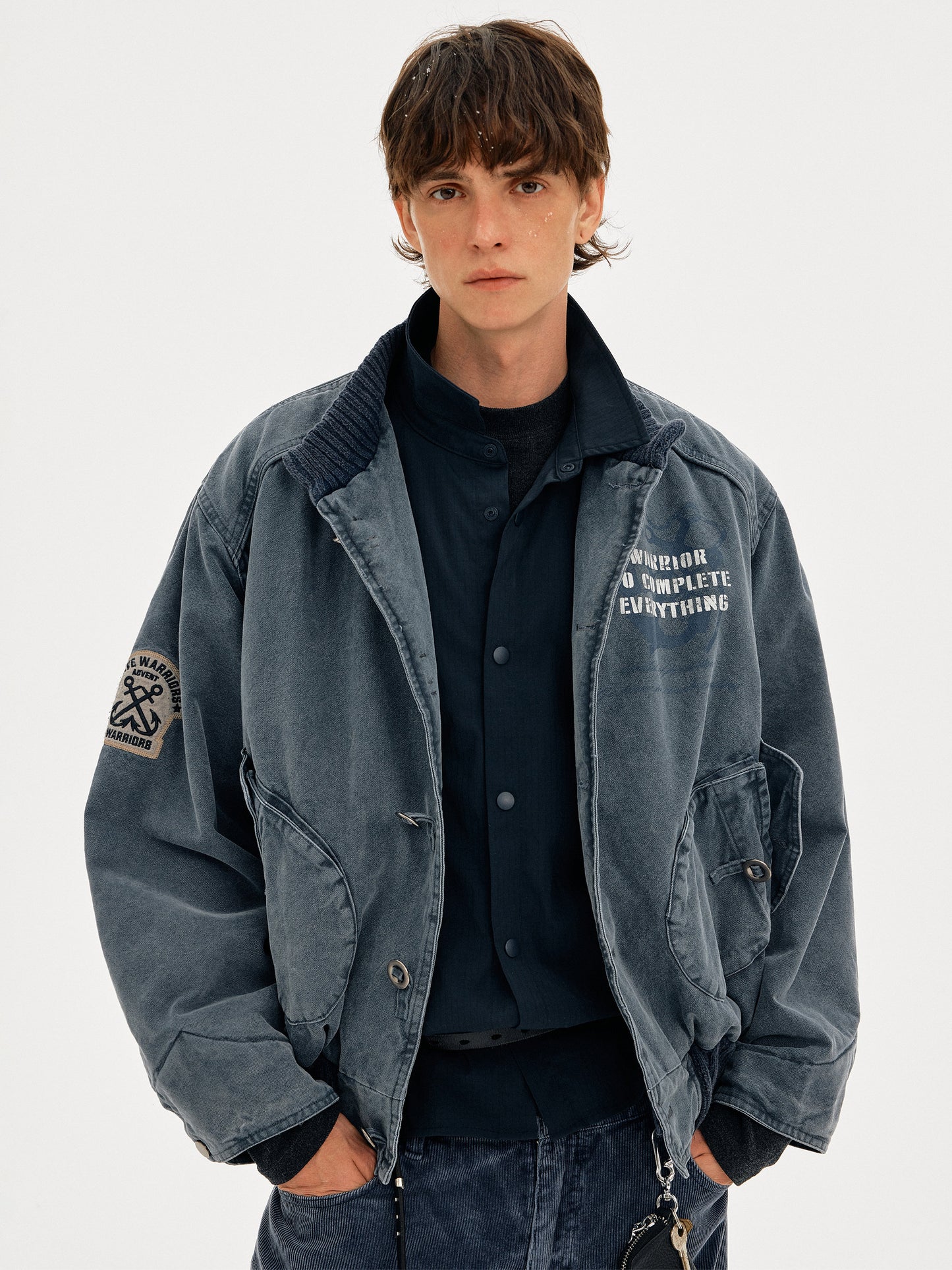 Heavyweight Washed Cotton Stand Collar Workwear Jacket – Oversized Unisex Short Coat