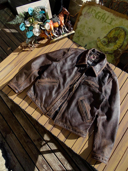 Stone-Washed Distressed Cowhide Leather Jacket – Men's American Retro Cargo Coat