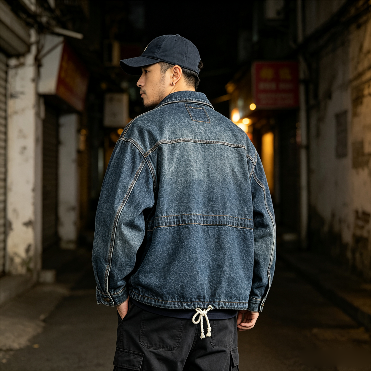 Heavyweight Washed Denim Jacket – Vintage Workwear Multi-Pocket Drawstring Coat