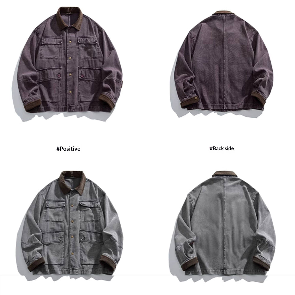 Cotton Cargo Jacket – Corduroy Collar & Four Pockets | Yamalin clothes | Vintage workwear outfit for men