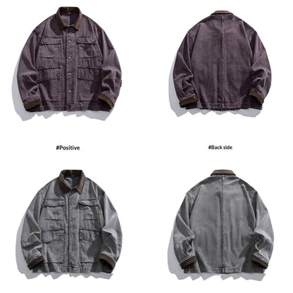 Cotton Cargo Jacket – Corduroy Collar & Four Pockets | Yamalin clothes | Vintage workwear outfit for men