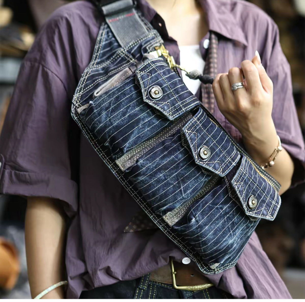 Washed Canvas Distressed Fanny Pack – Vintage 3-Way Chest Crossbody Unisex – Bags | japanese streetwear | vintage workwear | unisex | Yamalinclothes