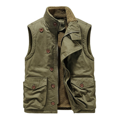 Multi-Pocket Fleece-Lined Utility Vest – Stand Collar Sleeveless Workwear Unisex – Vest | japanese streetwear | vintage workwear | unisex | Yamalinclothes