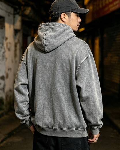 Vintage Washed Batik Heavyweight Hoodie – Unisex Oversized Distressed Sweatshirt