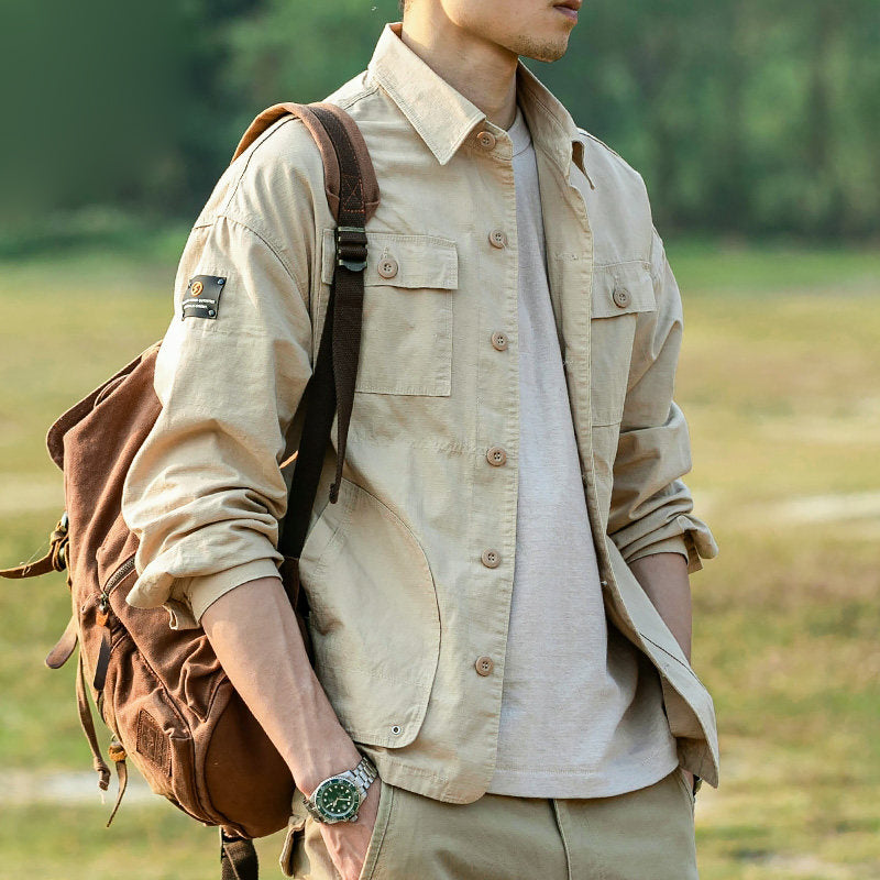 Vintage Cargo Workwear Jacket Men – Loose Cotton Multi Pocket American Coat