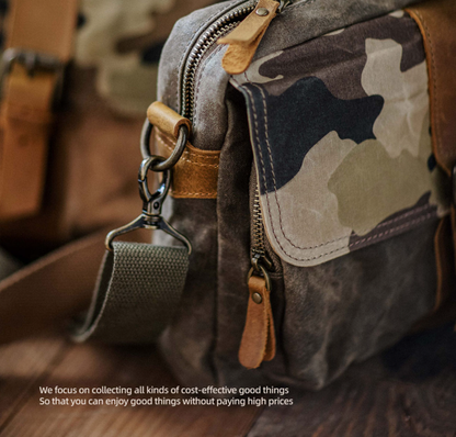 Japanese Vintage Camouflage Canvas Crossbody Bag – Indigo Cowhide Leather Messenger Shoulder Bag