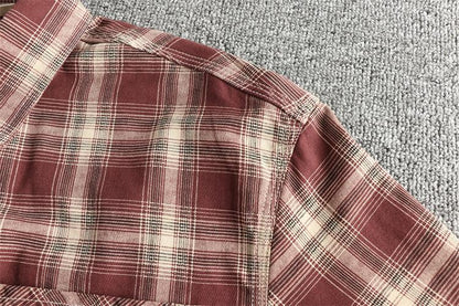 Japanese Plaid Workwear Shirt – Men's Washed Cotton Large Pocket Long-Sleeve