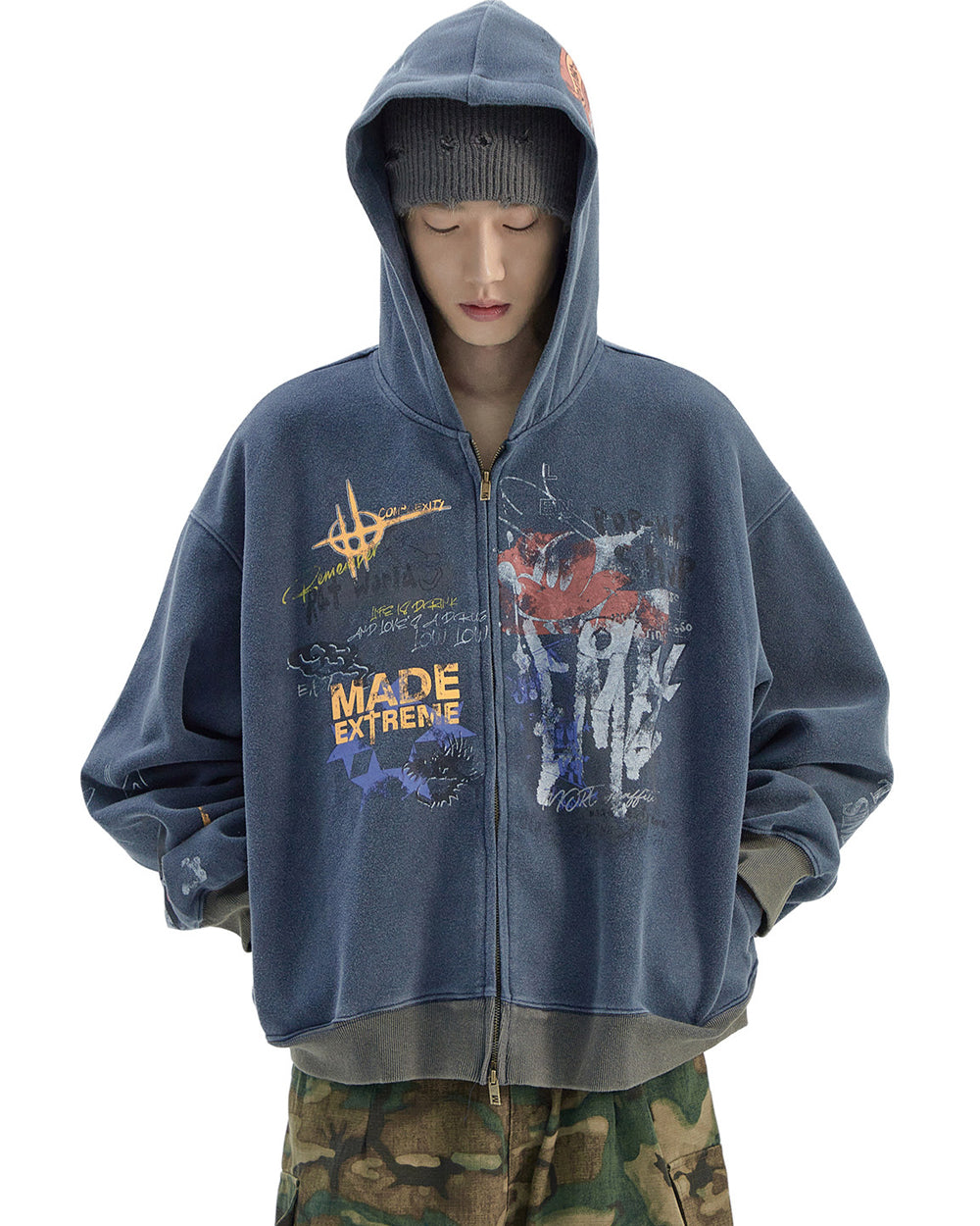 Vintage Distressed Letter Print Zip-Up Hoodie – Oversized Hip-Hop Sweatshirt