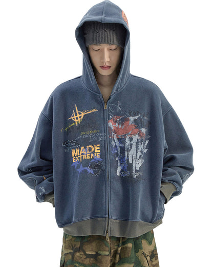 Vintage Distressed Letter Print Zip-Up Hoodie – Oversized Hip-Hop Sweatshirt