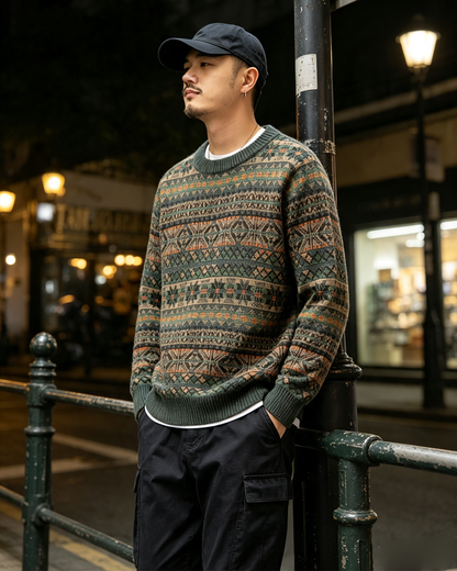 100% Wool Jacquard Stripe Crew Neck Sweater – Men's Thick Knit Pullover
