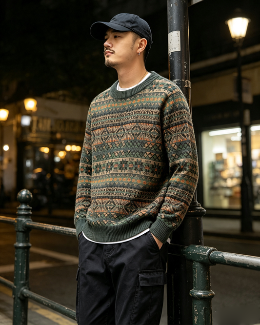 100% Wool Jacquard Stripe Crew Neck Sweater – Men's Thick Knit Pullover – Japanese vintage | yamalin clothes | Yamalinclothes
