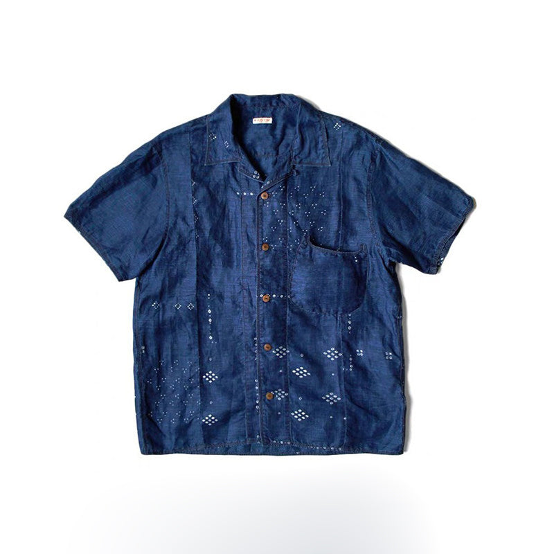 Blue Dyed Denim Print Stitching Shirt – Japanese Retro Unisex Casual