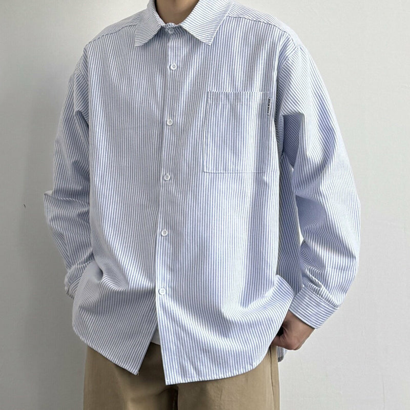 Japanese Vintage Blue & White Striped Oxford Cargo Shirt – Loose Fit Lapel Long Sleeve – Japanese vintage | yamalin clothes | Yamalinclothes