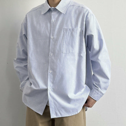 Japanese Vintage Blue & White Striped Oxford Cargo Shirt – Loose Fit Lapel Long Sleeve – Japanese vintage | yamalin clothes | Yamalinclothes