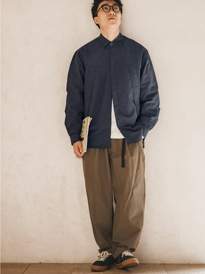 Japanese Workwear Pleated Layered Long-Sleeve Shirt Jacket – Cleanfit Silhouette Men’s Spring Autumn – Japanese vintage | yamalin clothes | Yamalinclothes