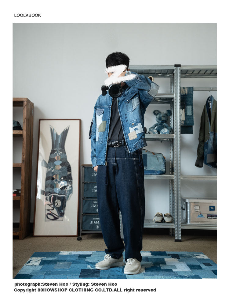 Hand-Embroidered Washed Old Denim Jacket – Patch Detail (Unisex)