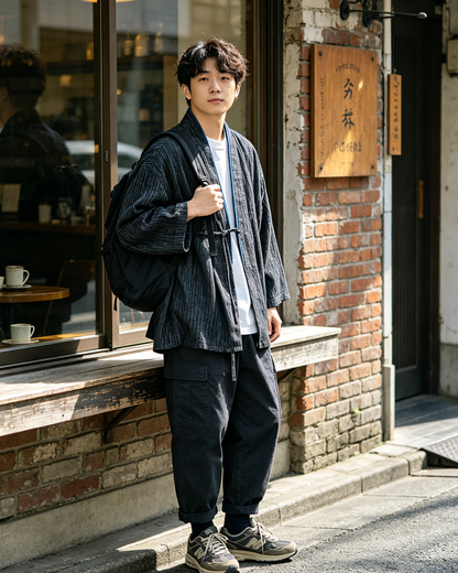 Indigo-Dyed Cotton Linen Haori Lace-Up Jacket – Chinese Japanese Unisex – Japanese vintage | yamalin clothes | Yamalinclothes