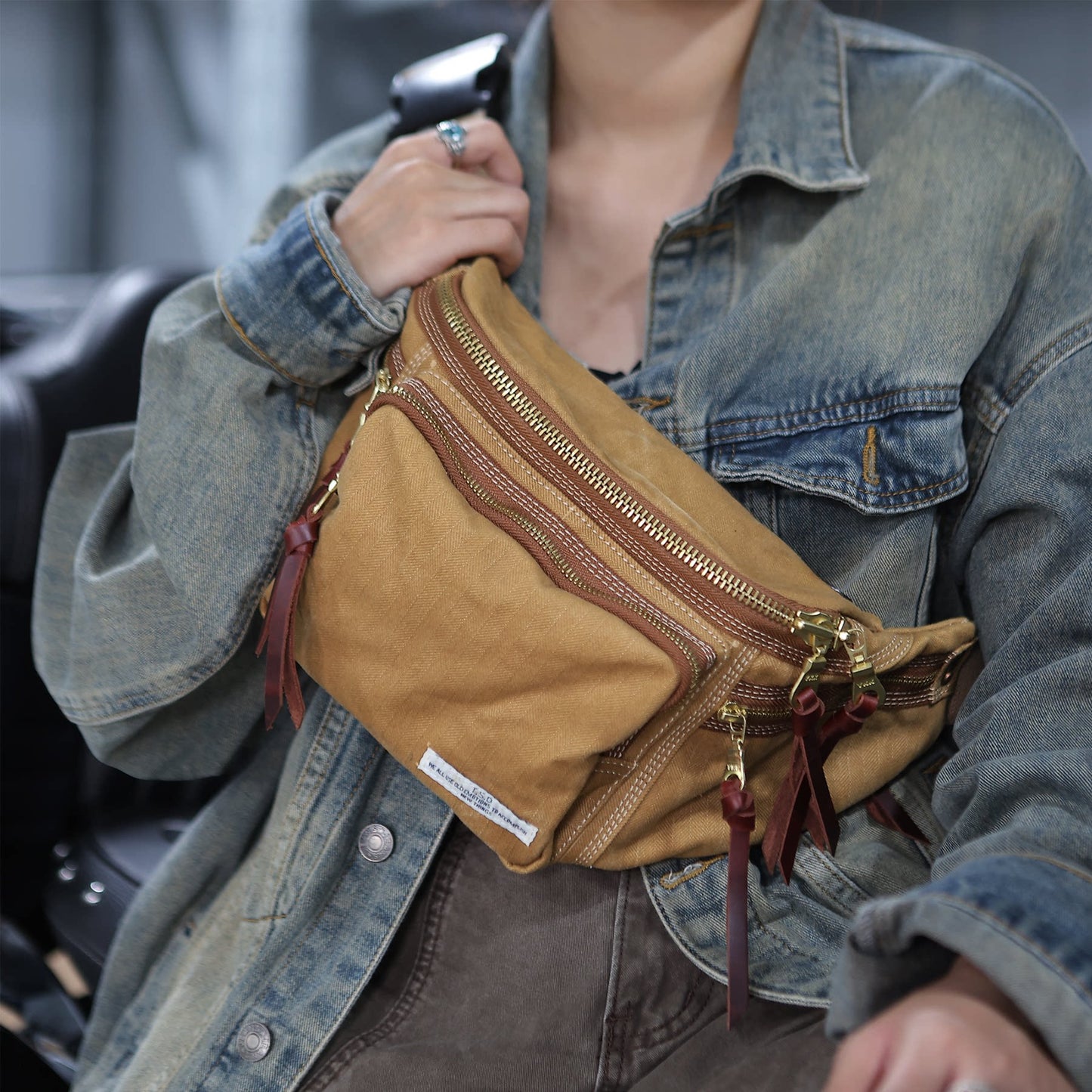 Herringbone Canvas Chest Bag – Motorcycle Crossbody Men