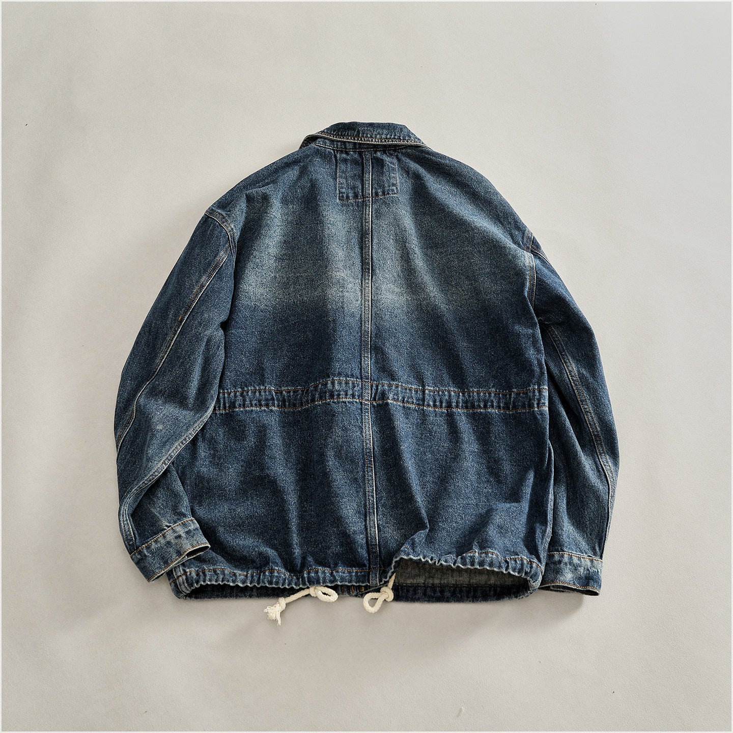 Heavyweight Washed Denim Jacket – Vintage Workwear Multi-Pocket Drawstring Coat