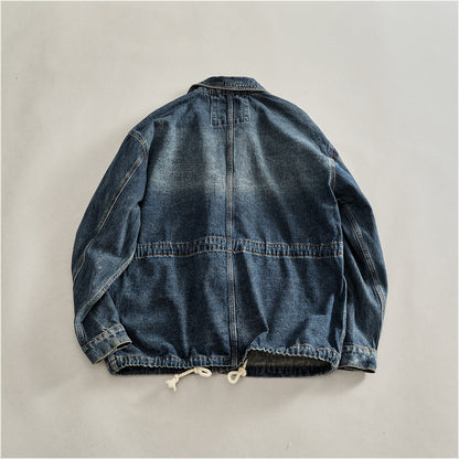 Heavyweight Washed Denim Jacket – Vintage Workwear Multi-Pocket Drawstring Coat