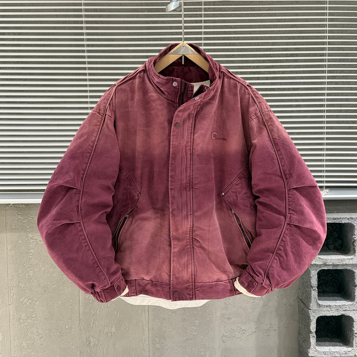 American Vintage Washed Distressed Denim Stand-Collar Jacket – Oversized Unisex