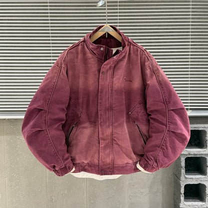 American Vintage Washed Distressed Denim Stand-Collar Jacket – Oversized Unisex