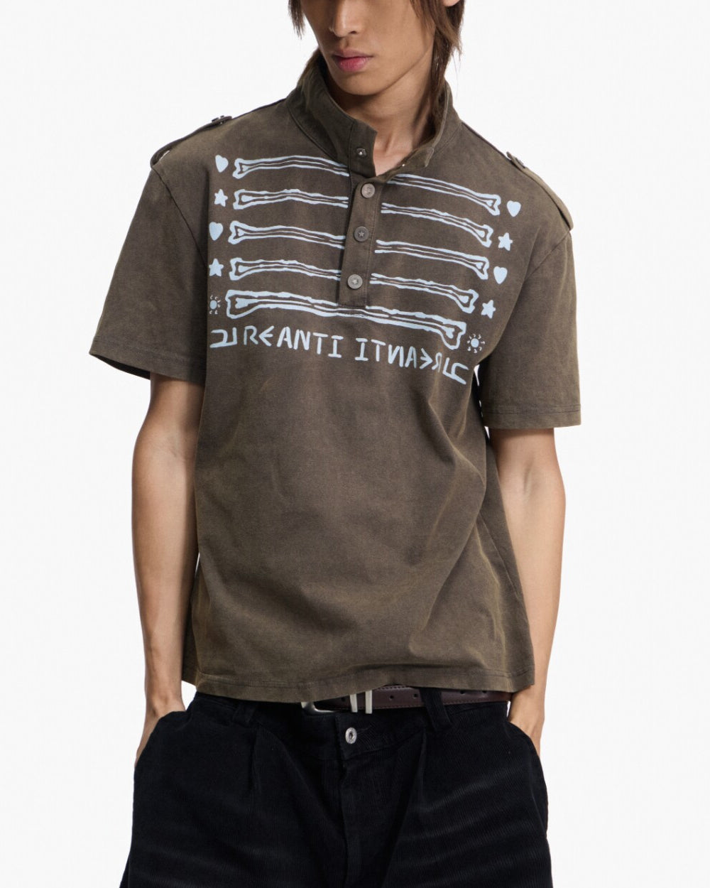 Illusion Print Stand-Collar Polo Shirt – Heavyweight Distressed Streetwear Tee
