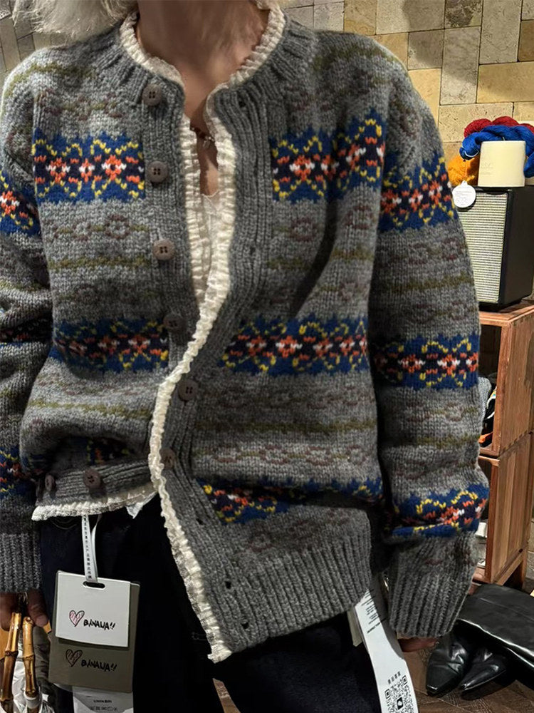 Fair Isle Lace Trim Wool Cardigan – Vintage Knit Jacket Women