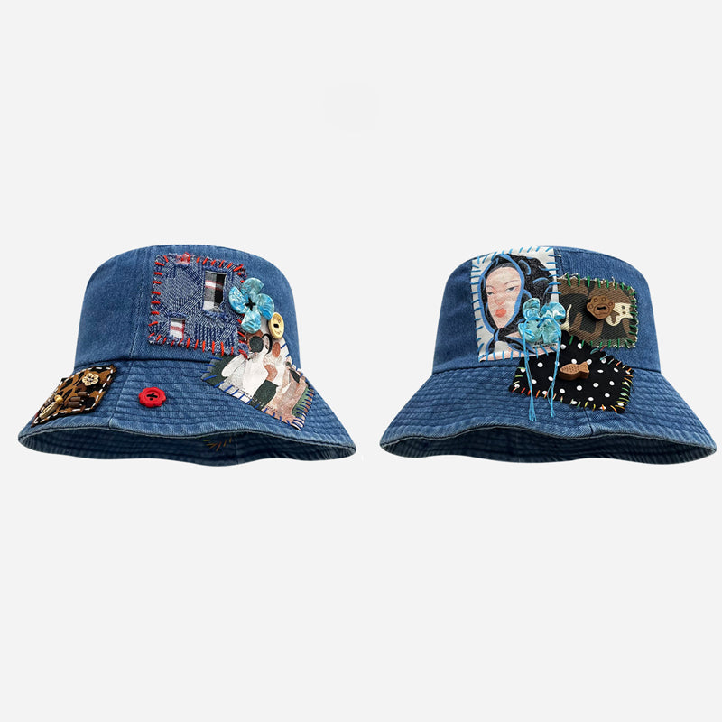 Denim Abstract Appliqué Fisherman Hat – Wide Brim Sun Protection Streetwear – Japanese vintage | yamalin clothes | Yamalinclothes