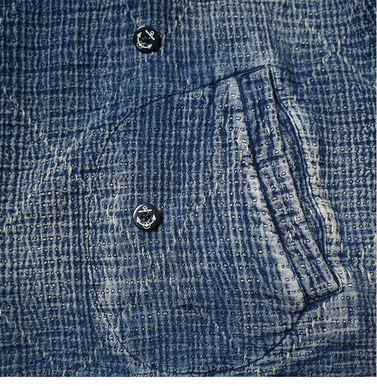 Retro Sashiko Washed Double-Breasted Jacket – Heavy Indigo Denim Workwear (Unisex)