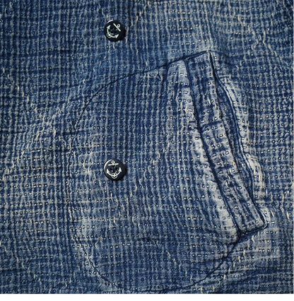 Retro Sashiko Washed Double-Breasted Jacket – Heavy Indigo Denim Workwear (Unisex)