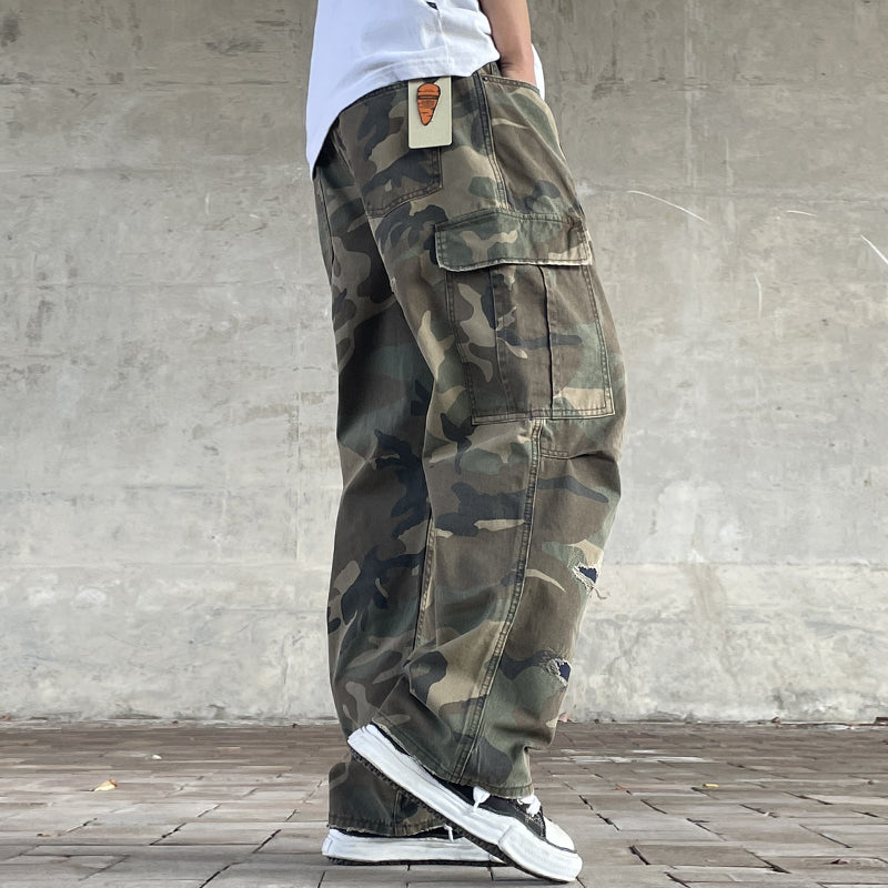 Men's American Street Retro Cargo Pants - Camouflage Heavy Washed Ripped Straight-Leg Pants
