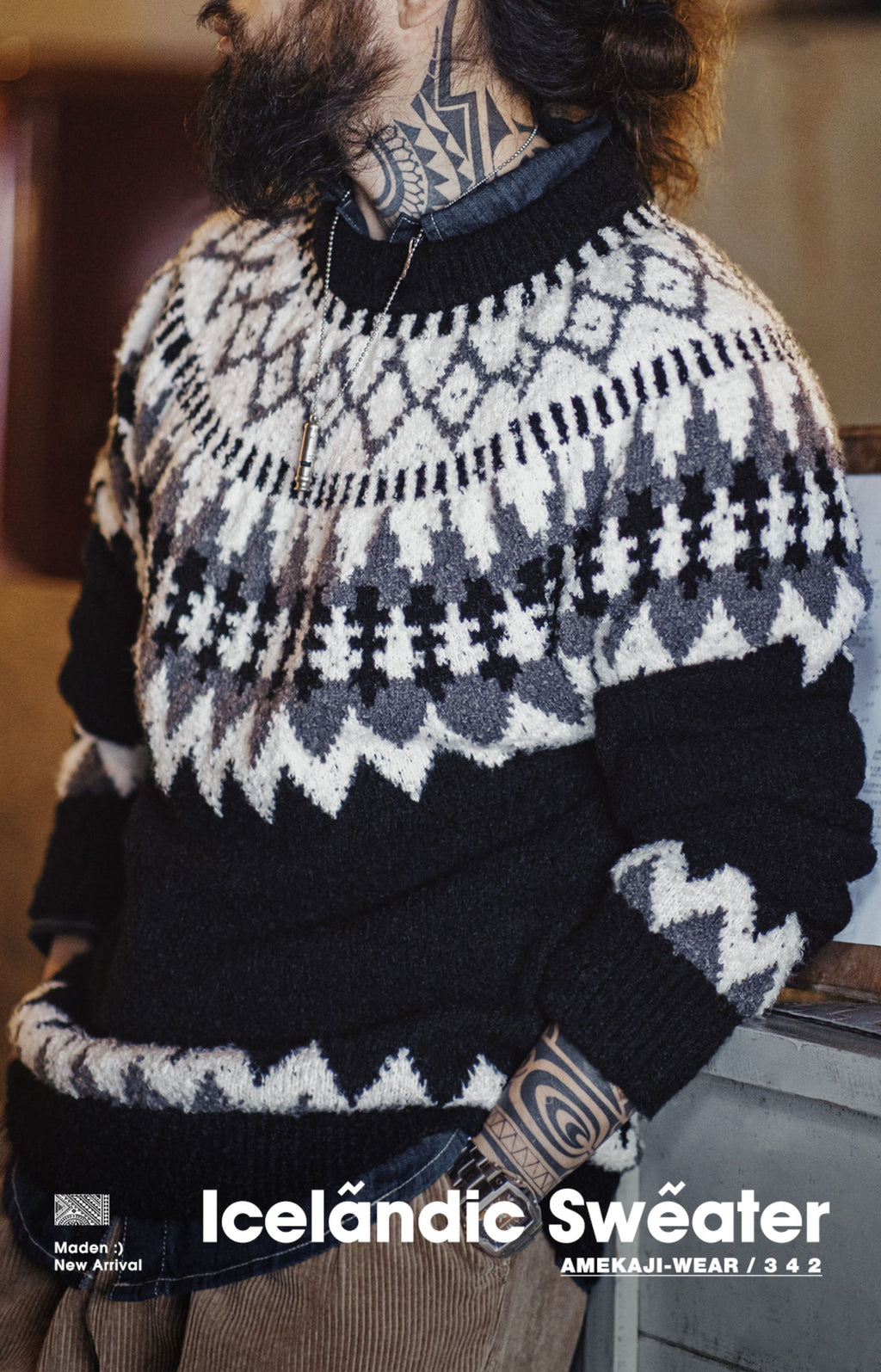 Madden Workwear Retro Icelandic Fair Isle Wool Sweater – Crew Neck, Autumn Weight (Men)