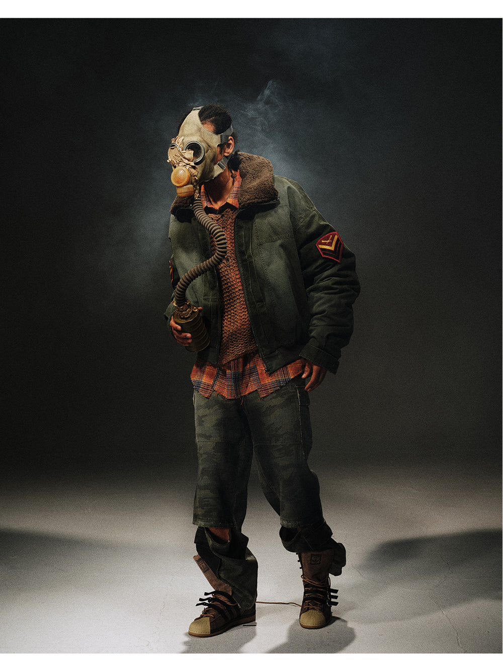 24aw Washed Green Vintage Jacket Cotton-Padded Coat Distressed Epaulet Fur Collar Thickened Coat