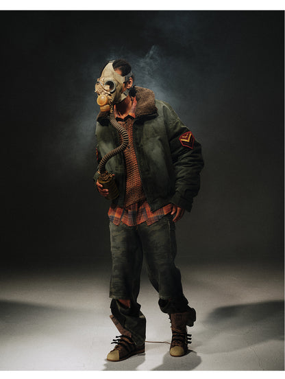 24aw Washed Green Vintage Jacket Cotton-Padded Coat Distressed Epaulet Fur Collar Thickened Coat
