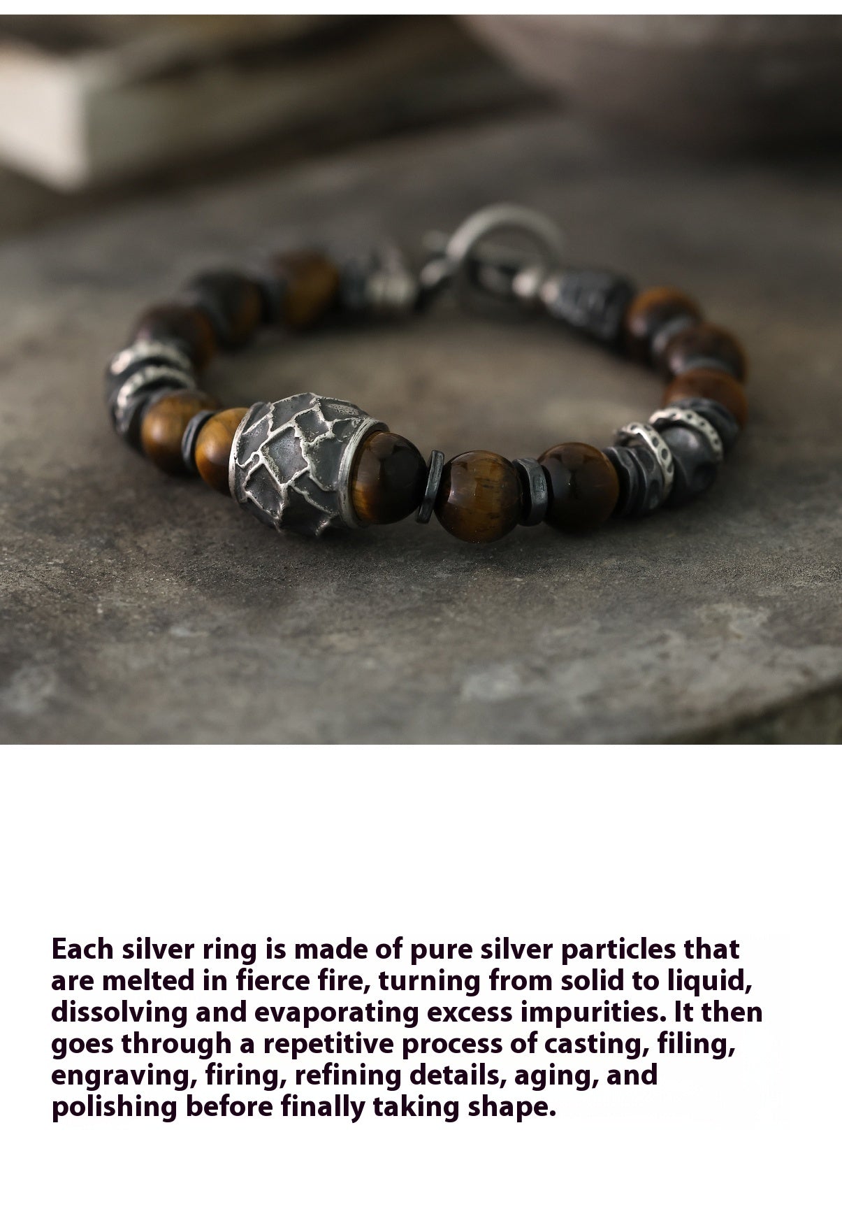 Yinshu Original Handmade &lt;Hammered&gt; Bracelet for Men Niche 999 Pure Silver Tiger Eye Stone Men's Vintage Bracelet