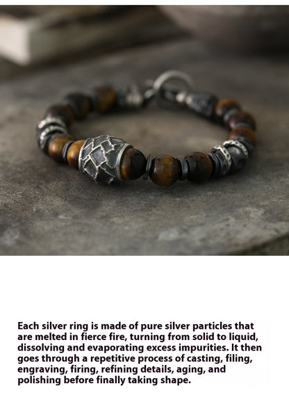 Yinshu Original Handmade &lt;Hammered&gt; Bracelet for Men Niche 999 Pure Silver Tiger Eye Stone Men's Vintage Bracelet