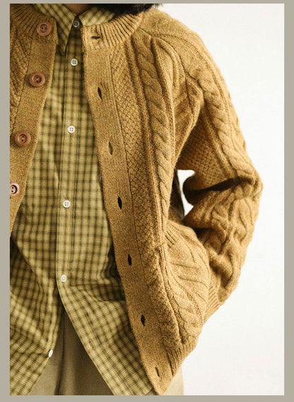 Traditional Aran Fisherman Sweater – Jacquard Knit Crewneck Cardigan (Unisex)