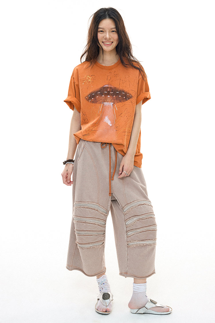 Alien Piggy 230g UFO Piggy Print Orange Short Sleeve T-Shirt