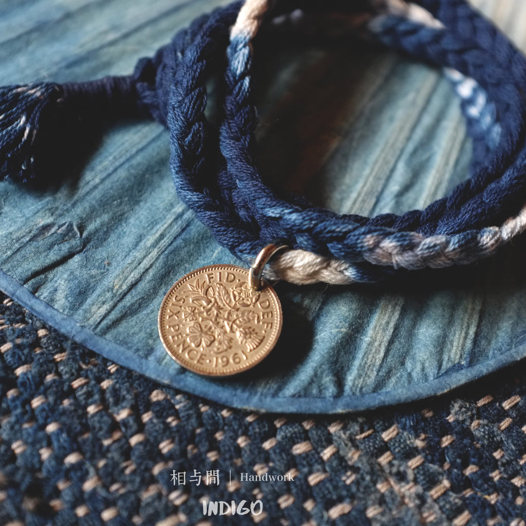 Sixpence Lucky Coin Blue Dyed Woven Bracelet Amekaji Indigo National Trend Couple Bracelet