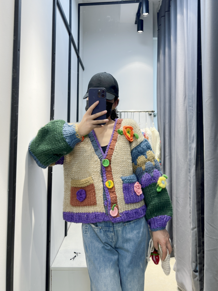 French Heavy Craft Pure Handmade Thick Knitted Color-Block Vintage Style 3D Crochet Sweater Cardigan for Women