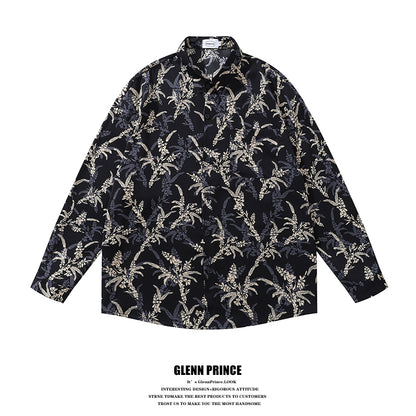 American Style Casual Floral Full Print Long Sleeve Shirt for Men, Loose Beach Shirt Jacket for Autumn