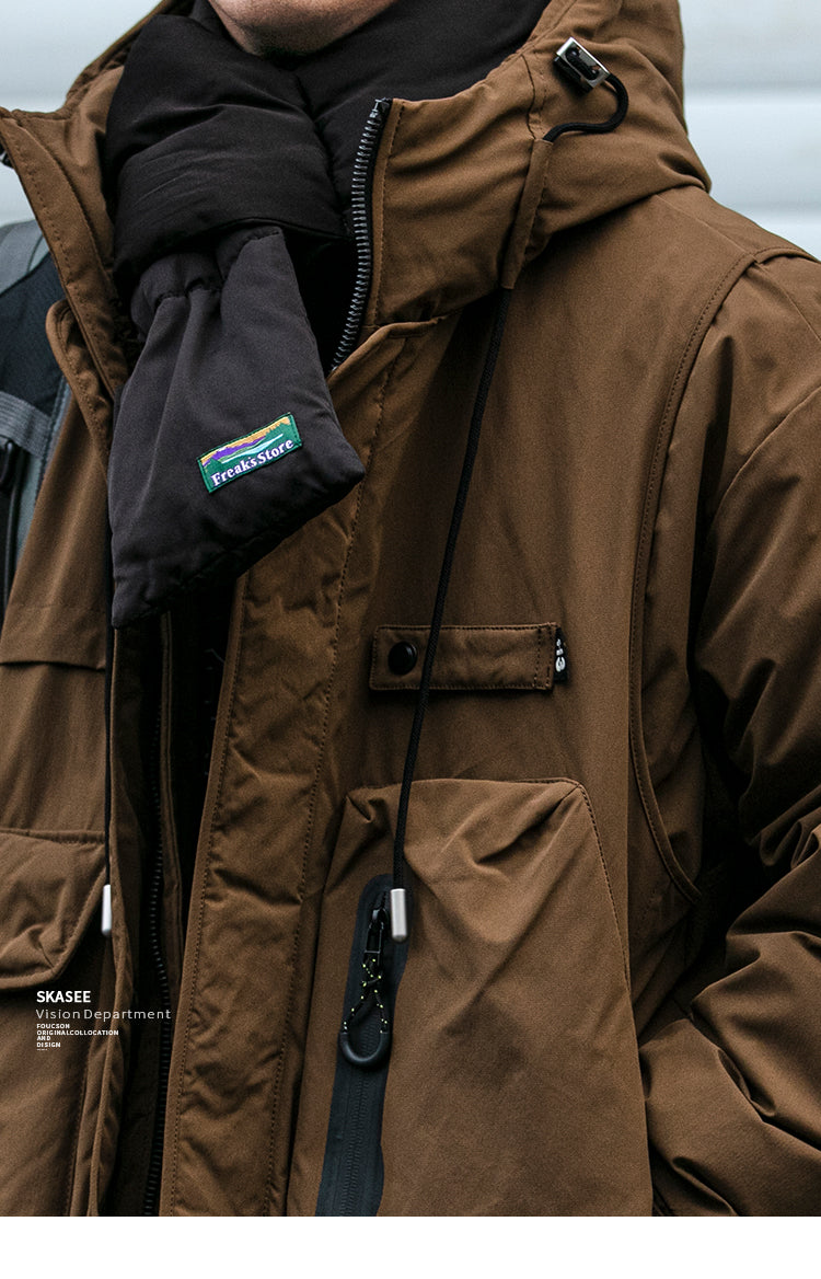 Winter Workwear Hooded Down Jacket Men's Trendy Loose Outdoor Multi-Pocket Functional 90% White Duck Down Warm Coat Trendy