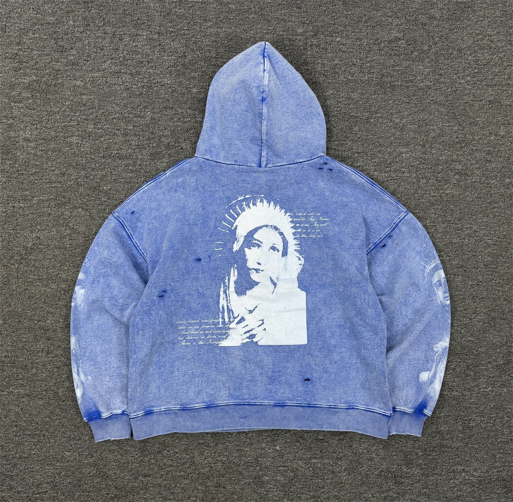 500g Heavyweight Saint Michael Distressed Portrait Hoodie – Vintage Washed Pullover