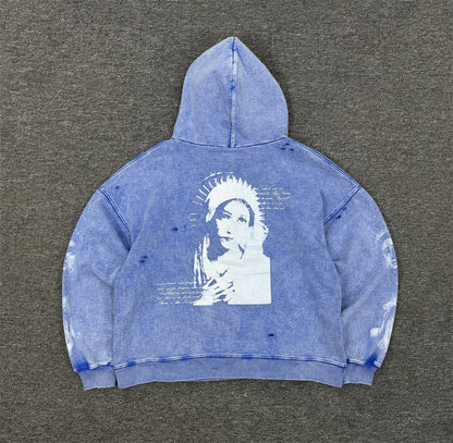 500g Heavyweight Saint Michael Distressed Portrait Hoodie – Vintage Washed Pullover