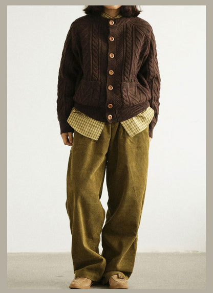 Traditional Aran Fisherman Sweater – Jacquard Knit Crewneck Cardigan (Unisex)