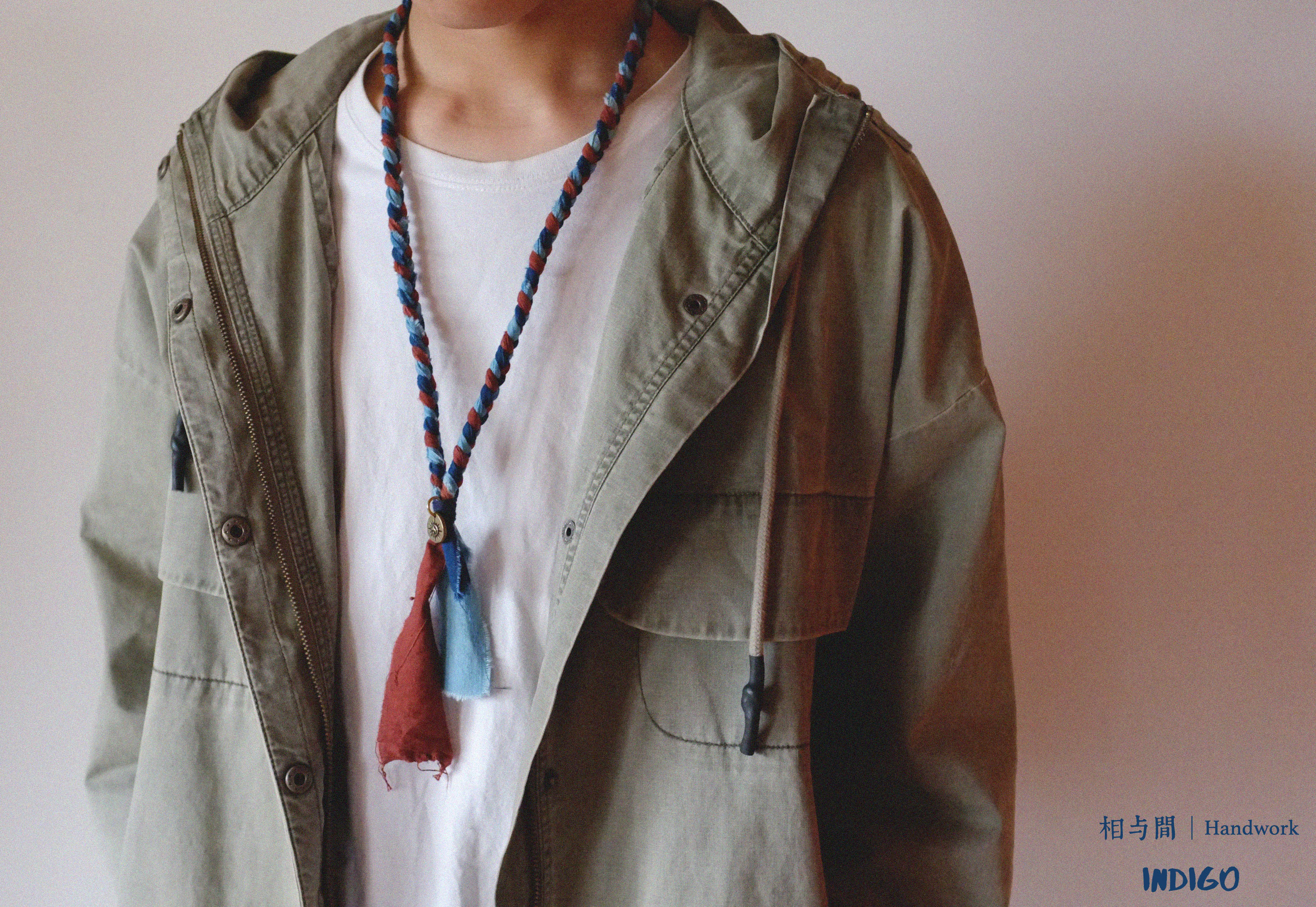Blue Dyed Sandalwood Red Plant Dye Ancient Cloth Necklace Handmade Braided Rope Amekaji Retro Woven Hanging Rope