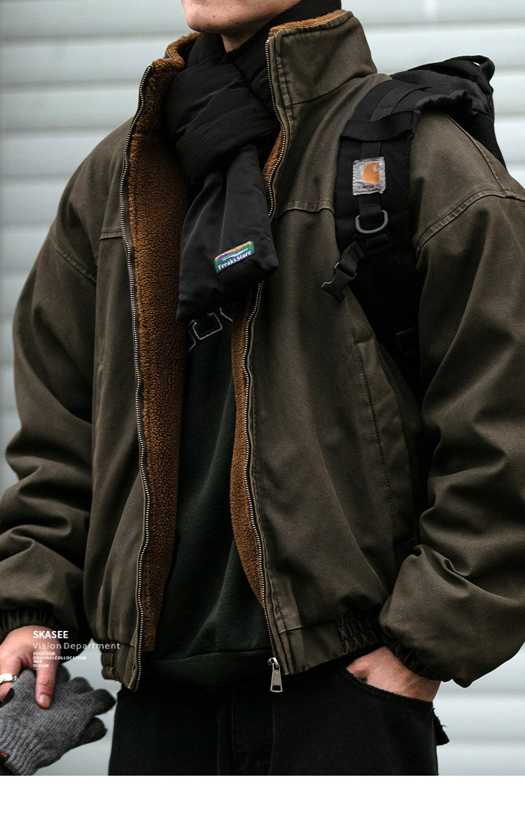 Heavy-Duty Washed Vintage Cotton Jacket - Lambswool Lined Stand Collar Coat (Men)