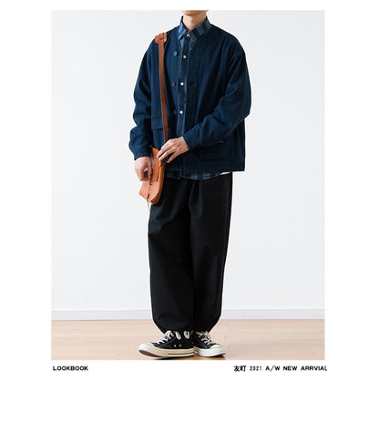 Vintage Washed Denim Collarless Shirt – Japanese Style Long Sleeve (Unisex)