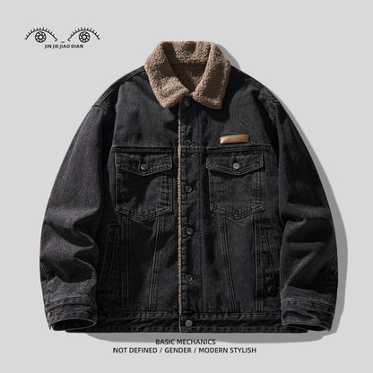 Studio High Street Vintage Washed Denim Jacket - Lamb Wool Winter Coat (Men)